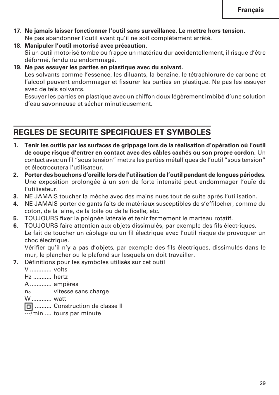 Regles de securite specifiques et symboles | Hitachi Koki USA DH 24PE User Manual | Page 29 / 72