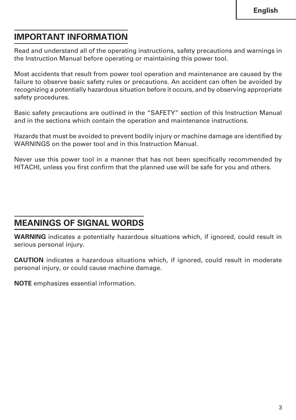 Important information, Meanings of signal words | Hitachi Koki USA DH 24PE User Manual | Page 3 / 72