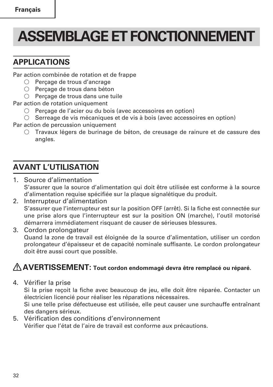 Assemblage et fonctionnement, Applications, Avant l’utilisation | Avertissement | Hitachi Koki USA DH 24PE User Manual | Page 32 / 72