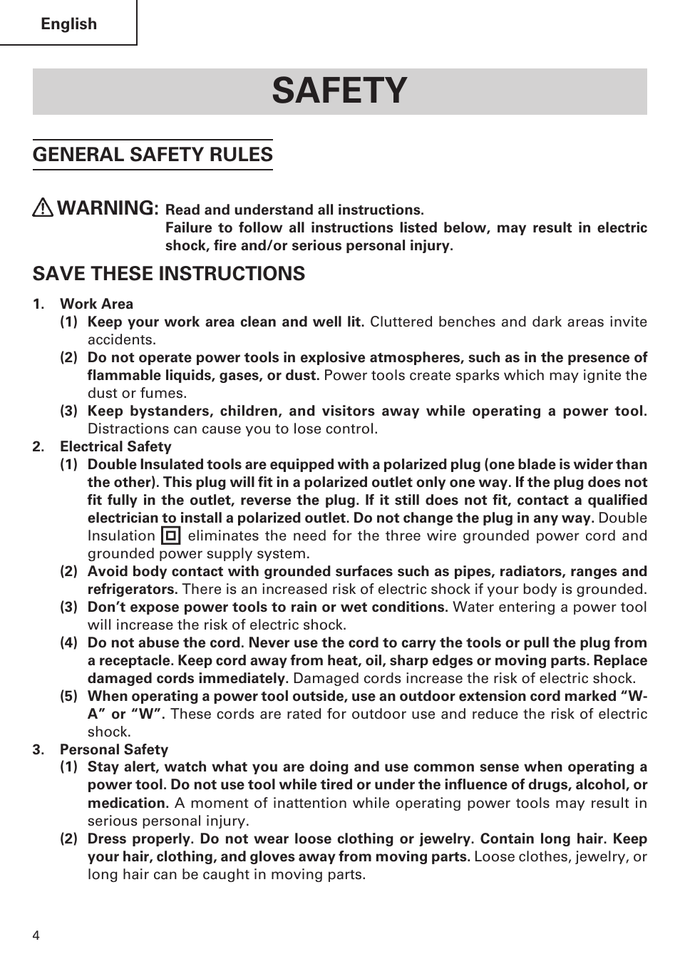 Safety, General safety rules warning, Save these instructions | Hitachi Koki USA DH 24PE User Manual | Page 4 / 72