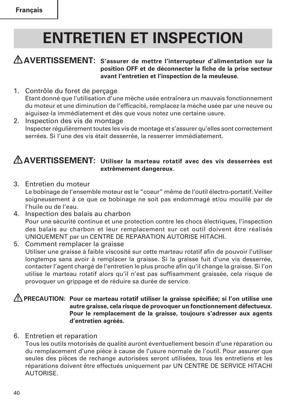 Entretien et inspection, Avertissement | Hitachi Koki USA DH 24PE User Manual | Page 40 / 72