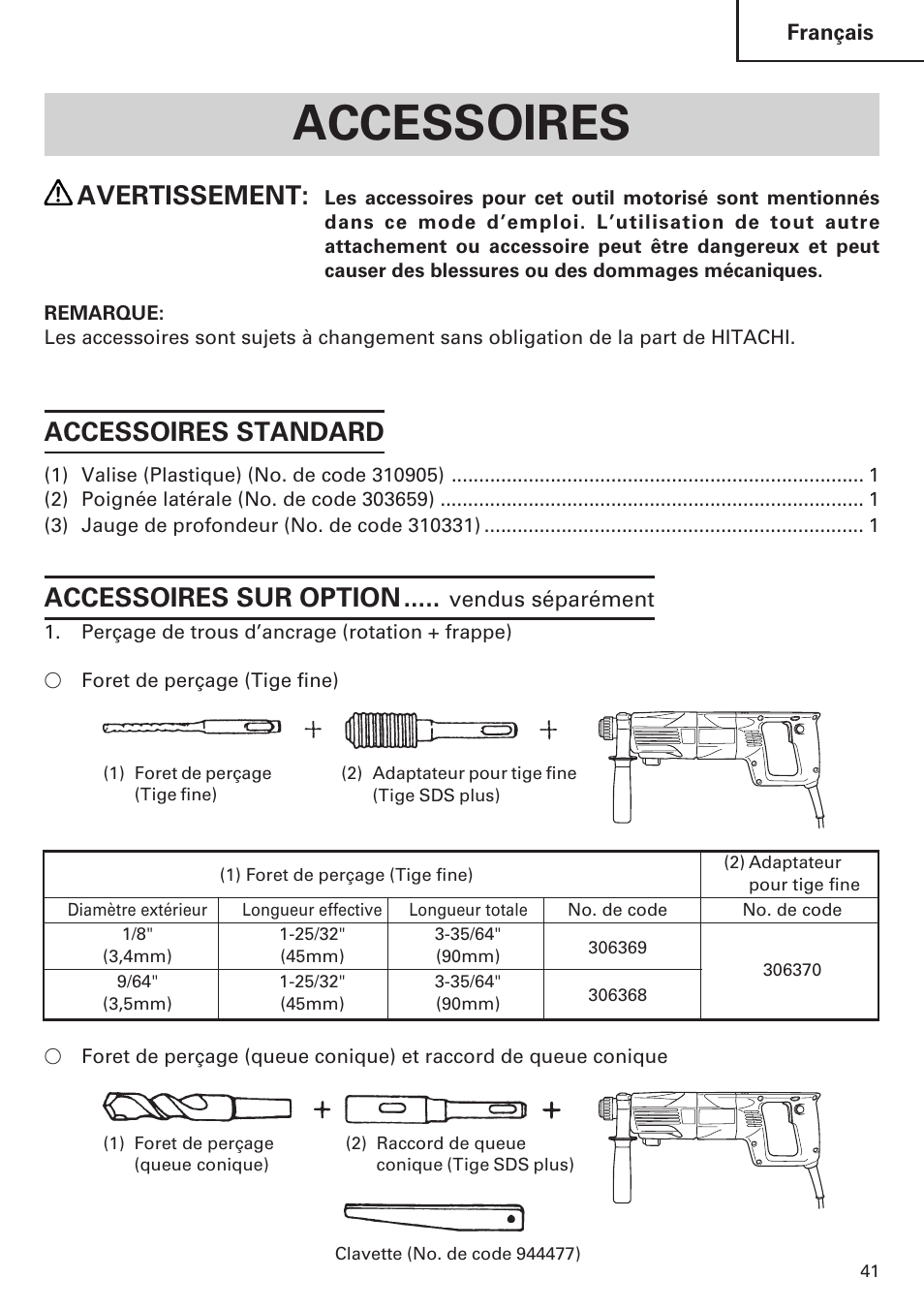 Accessoires, Avertissement, Accessoires standard | Accessoires sur option | Hitachi Koki USA DH 24PE User Manual | Page 41 / 72