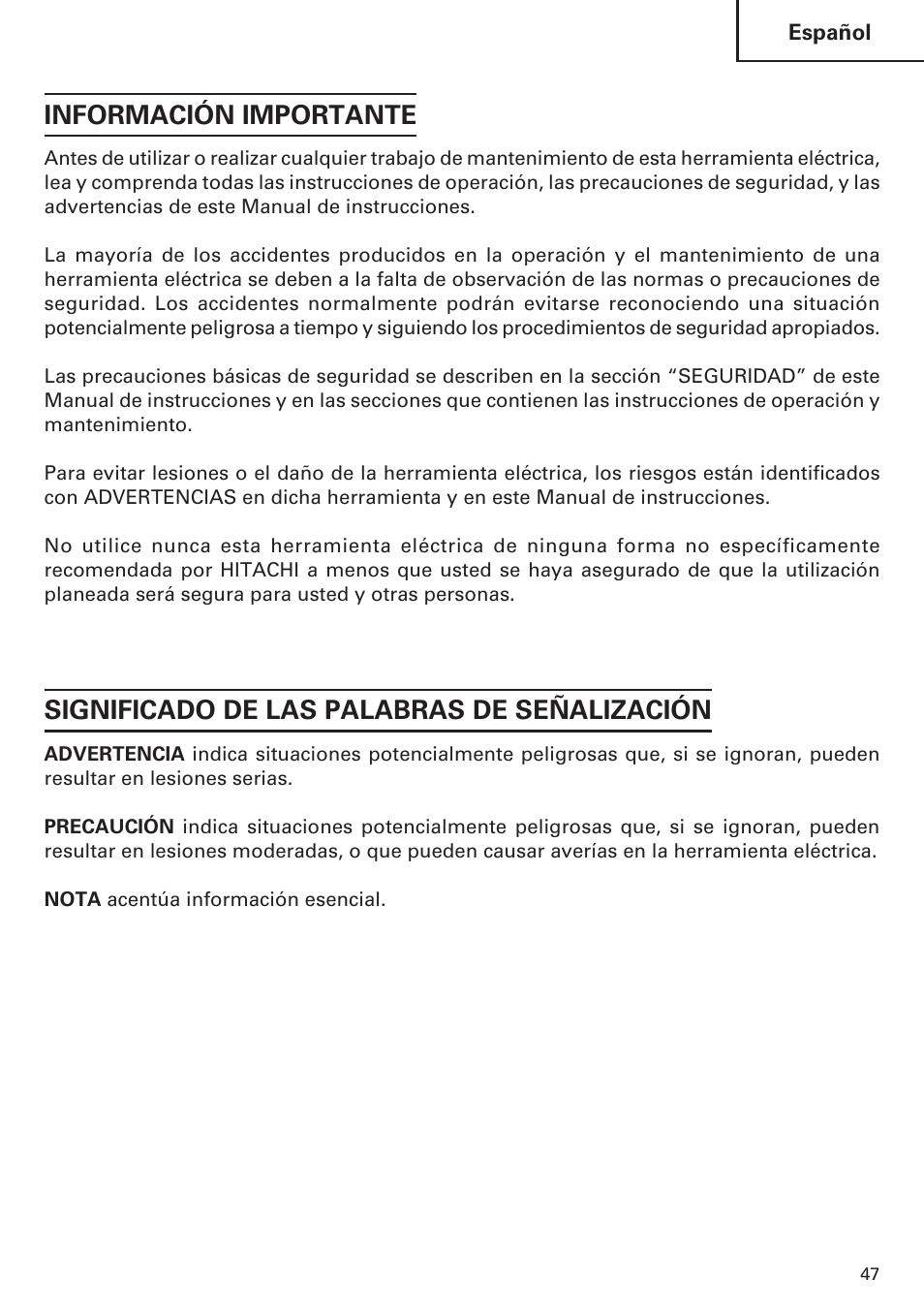 Información importante, Significado de las palabras de señalización | Hitachi Koki USA DH 24PE User Manual | Page 47 / 72