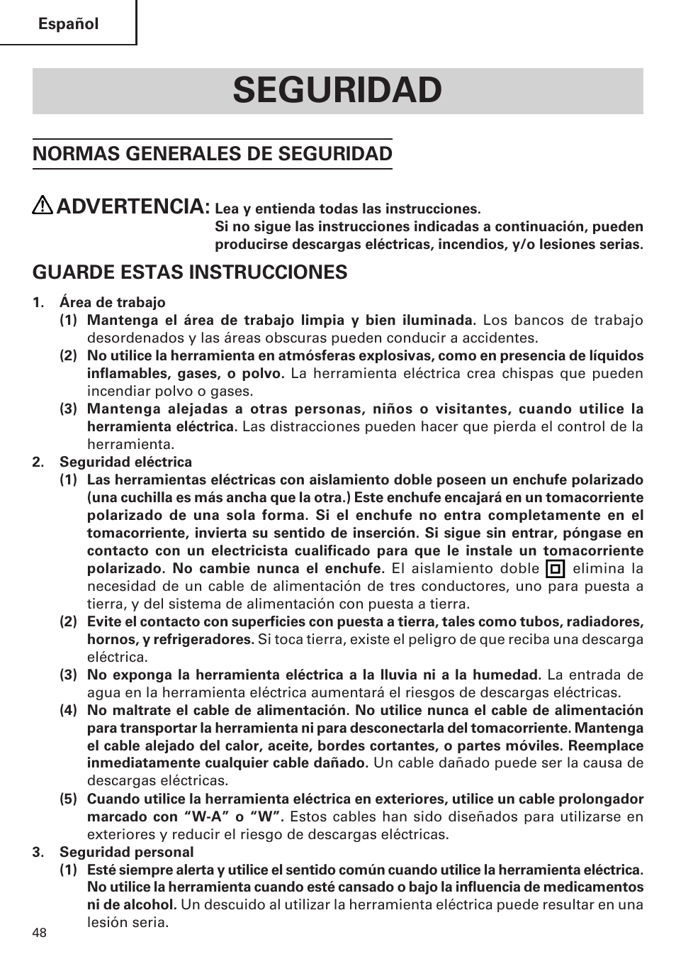 Seguridad, Advertencia, Normas generales de seguridad | Guarde estas instrucciones | Hitachi Koki USA DH 24PE User Manual | Page 48 / 72