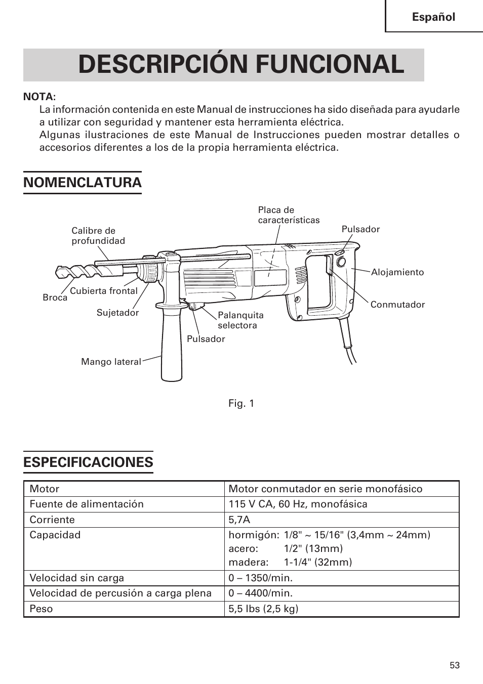 Descripción funcional, Nomenclatura especificaciones | Hitachi Koki USA DH 24PE User Manual | Page 53 / 72