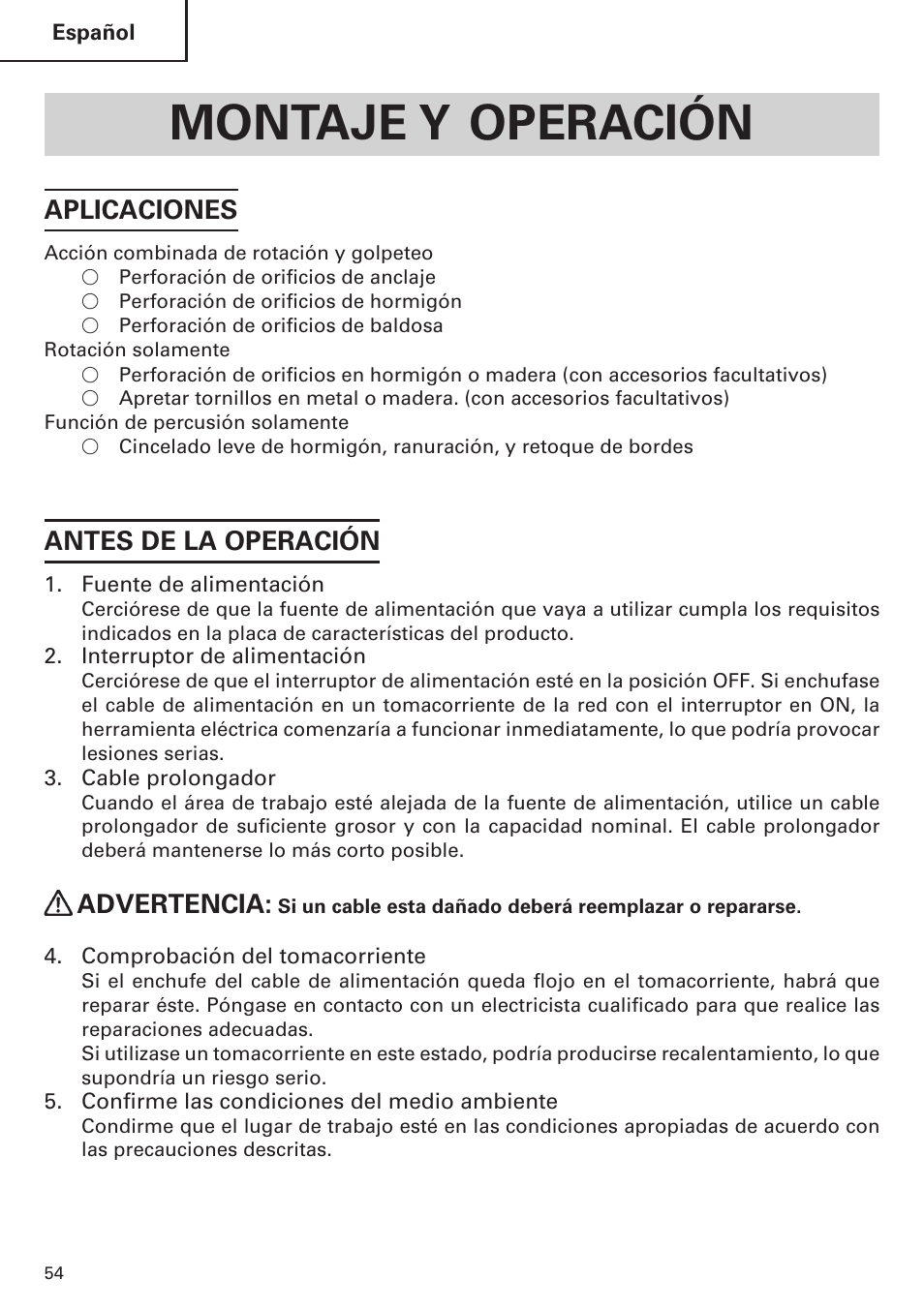 Montaje y operación, Aplicaciones, Antes de la operación | Advertencia | Hitachi Koki USA DH 24PE User Manual | Page 54 / 72