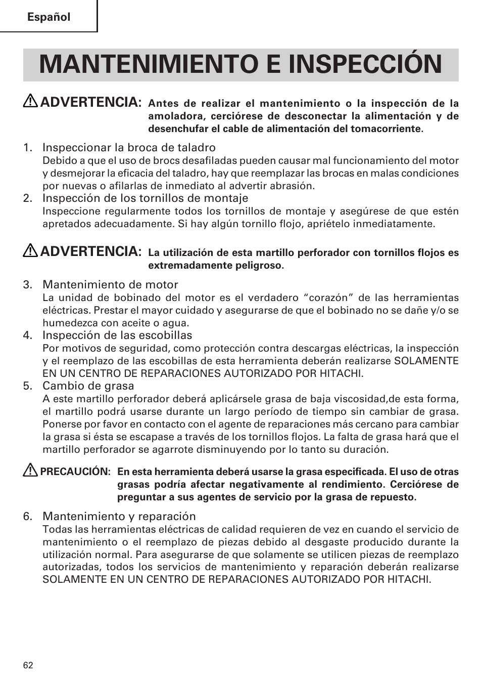 Mantenimiento e inspección, Advertencia | Hitachi Koki USA DH 24PE User Manual | Page 62 / 72