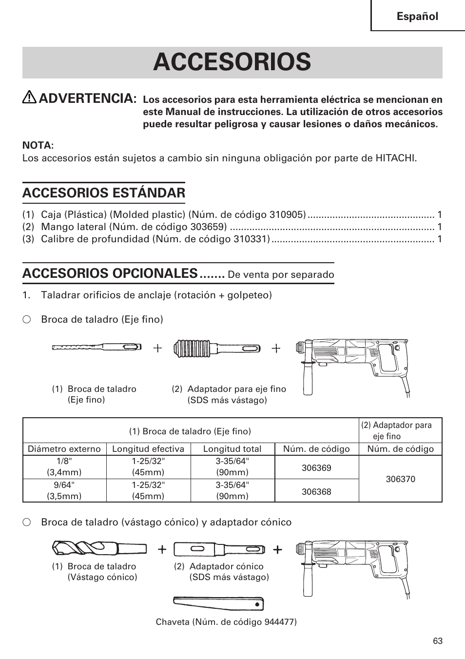 Accesorios, Advertencia, Accesorios estándar | Accesorios opcionales | Hitachi Koki USA DH 24PE User Manual | Page 63 / 72