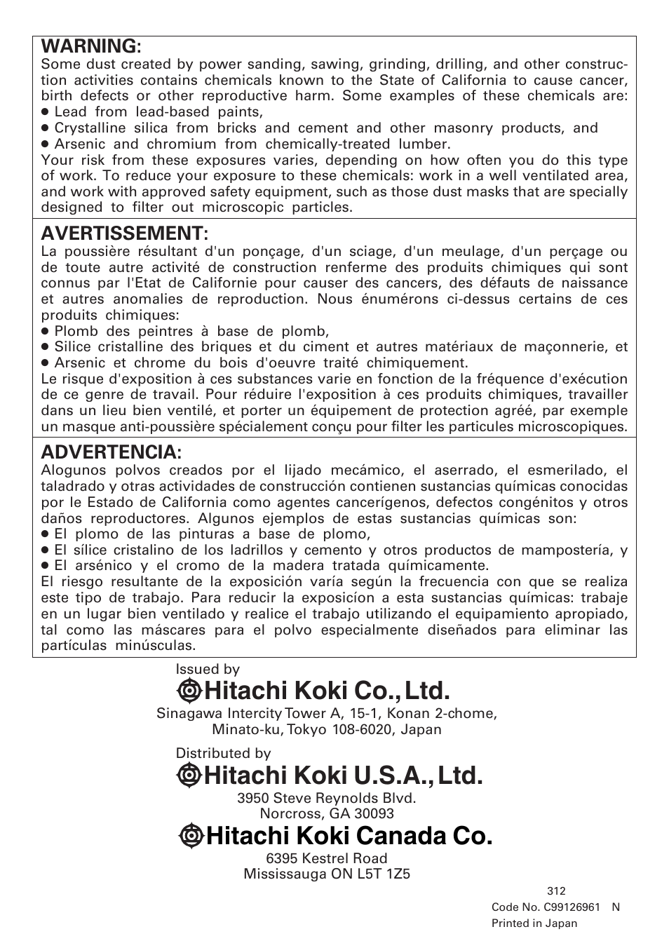 Hitachi koki co., ltd. hitachi koki u.s.a., ltd, Hitachi koki canada co | Hitachi Koki USA DH 24PE User Manual | Page 72 / 72