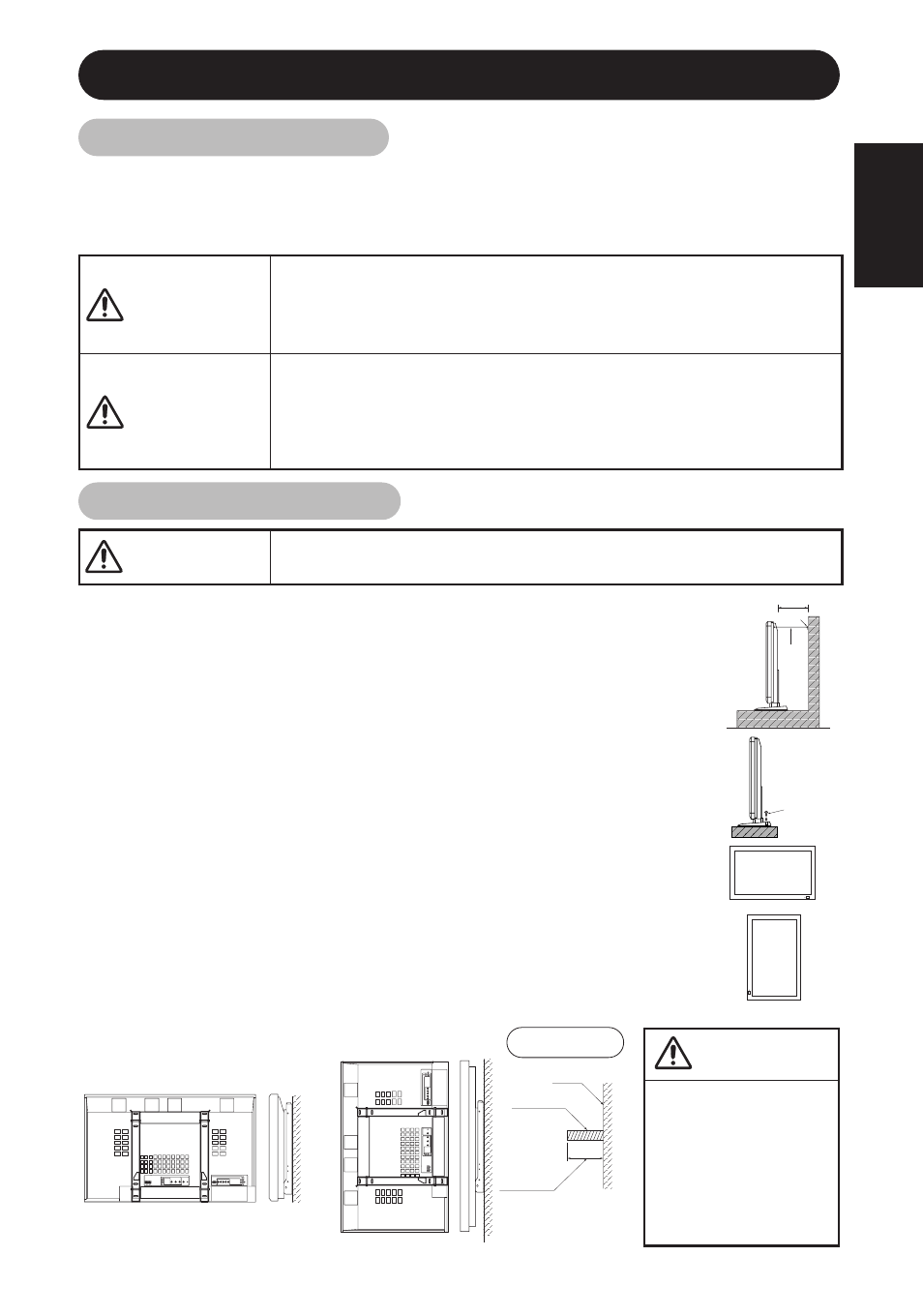 Installation instructions, Installation, Warning cautions | Anti-tumble measures, Caution, English, Securing to a wall or pillar, Securing desktop, Using the optional vertical-mount unit (cmpak14) | Hitachi Koki USA CMP4120HDUS User Manual | Page 12 / 38