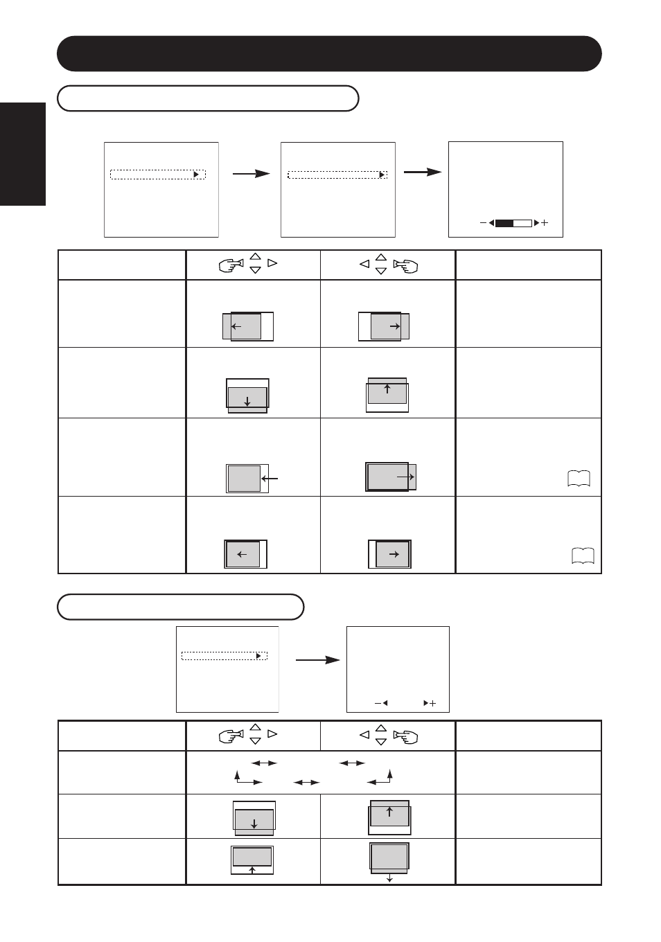 Operating instructions (continued), English, Manual adjust menu (rgb) | Display menu (video), Video, Selected characters setup hint h.position, V.position, Clock, Phase, Selected characters setup hint display size | Hitachi Koki USA CMP4120HDUS User Manual | Page 25 / 38