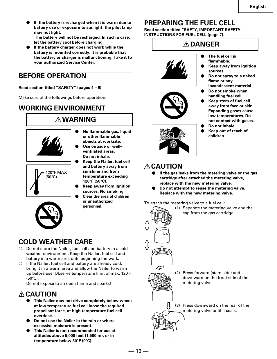 Before operation, Working environment warning, Cold weather care | Caution, Preparing the fuel cell, Danger | Hitachi Koki USA NR 90GC User Manual | Page 13 / 64