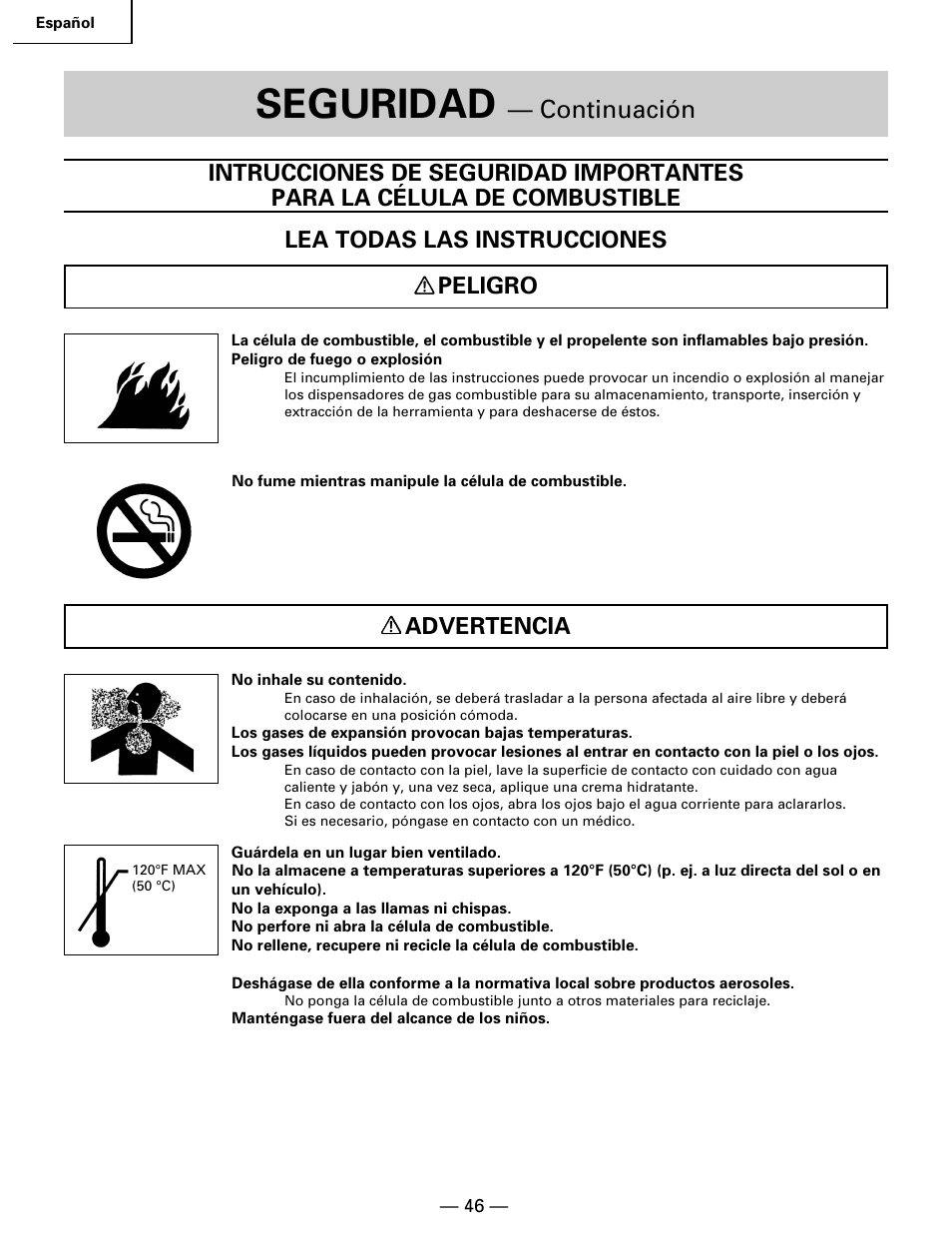 Seguridad, Continuación, Advertencia | Hitachi Koki USA NR 90GC User Manual | Page 46 / 64