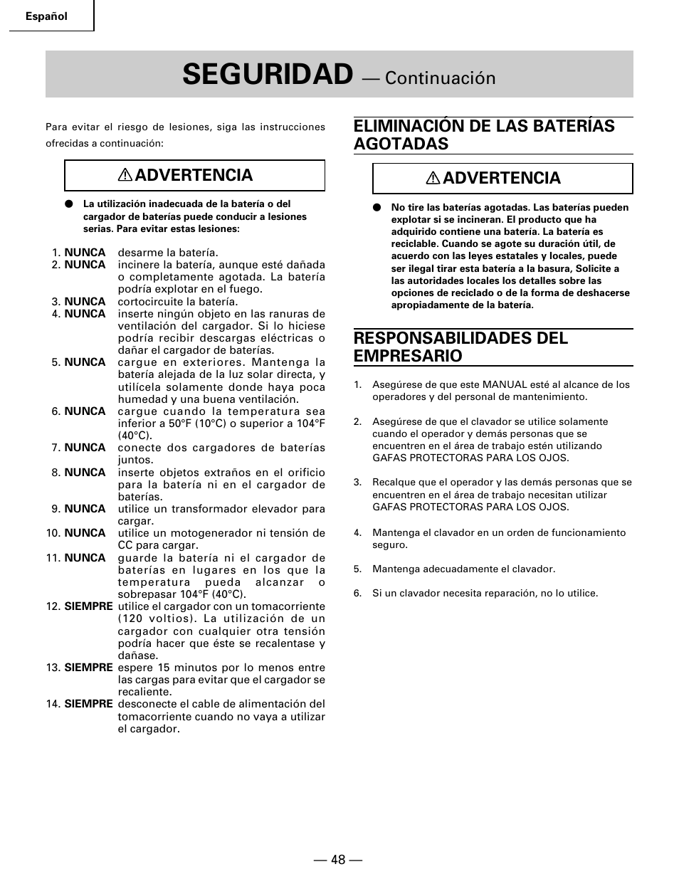 Seguridad, Continuación, Advertencia | Eliminación de las baterías agotadas advertencia, Responsabilidades del empresario | Hitachi Koki USA NR 90GC User Manual | Page 48 / 64