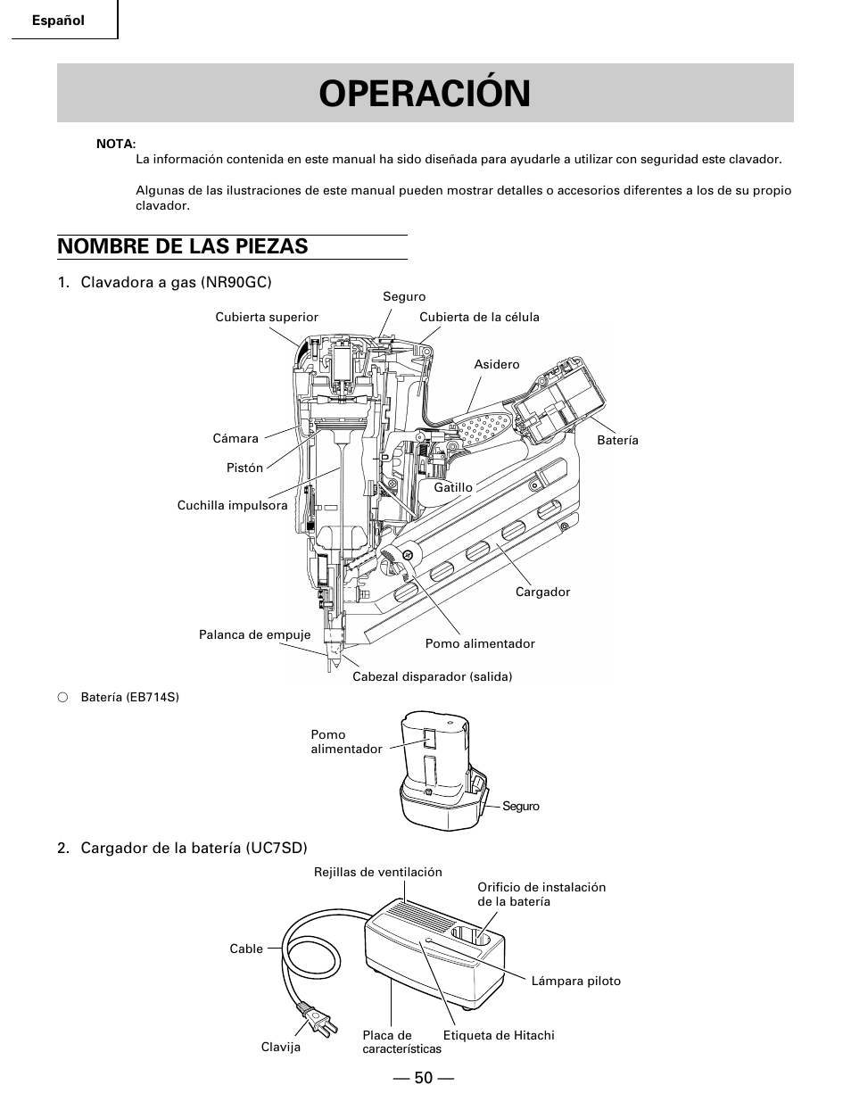 Operación, Nombre de las piezas | Hitachi Koki USA NR 90GC User Manual | Page 50 / 64