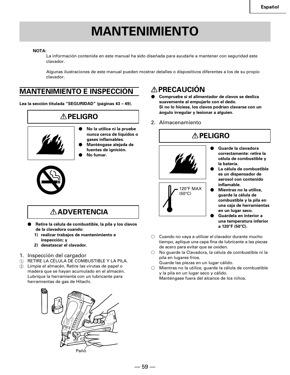 Mantenimiento, Mantenimiento e inspección, Peligro | Advertencia, Precaución | Hitachi Koki USA NR 90GC User Manual | Page 59 / 64