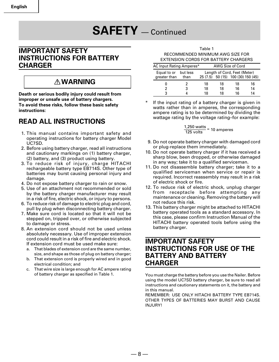 Safety, Continued, Read all instructions | Hitachi Koki USA NR 90GC User Manual | Page 8 / 64