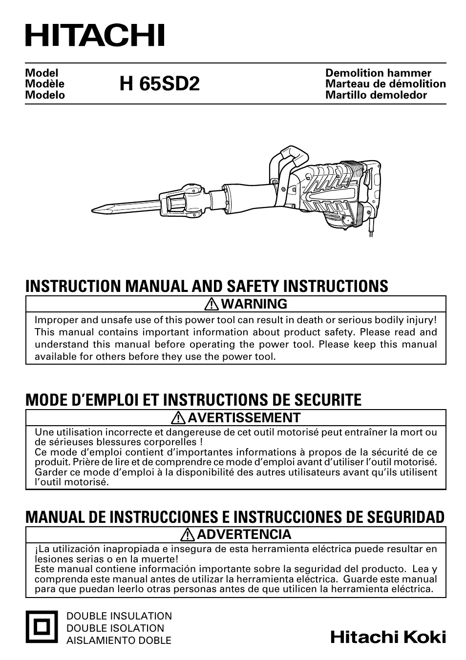 Hitachi Koki USA H 65SD2 User Manual | 48 pages