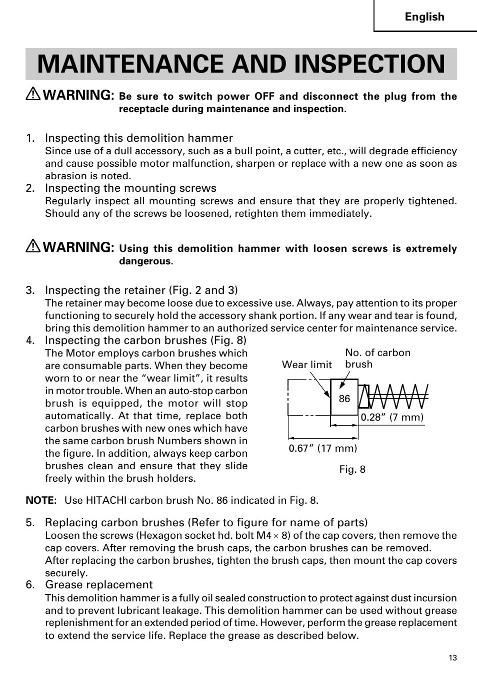 Maintenance and inspection, Warning | Hitachi Koki USA H 65SD2 User Manual | Page 13 / 48