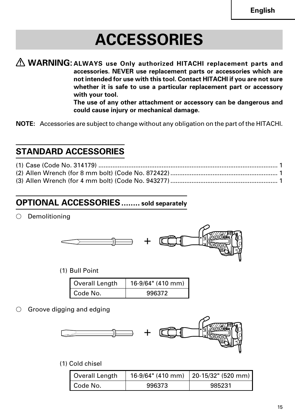 Accessories, Warning, Standard accessories | Optional accessories | Hitachi Koki USA H 65SD2 User Manual | Page 15 / 48