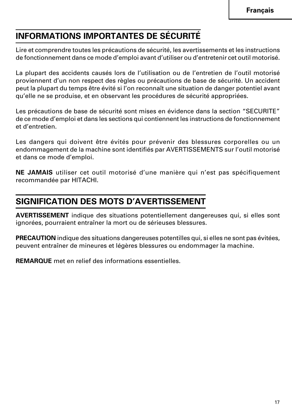 Informations importantes de sécurité, Signification des mots d’avertissement | Hitachi Koki USA H 65SD2 User Manual | Page 17 / 48