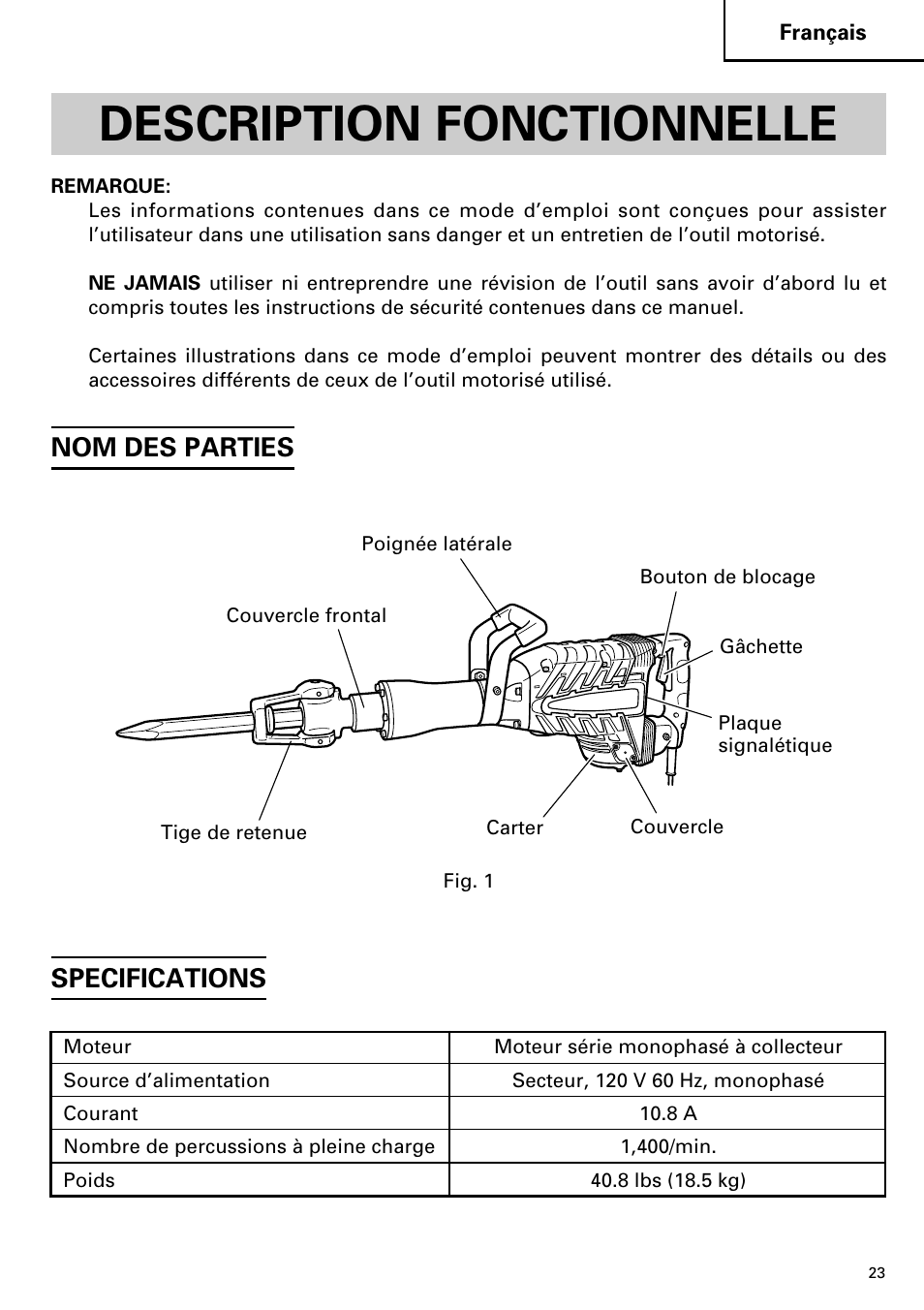 Description fonctionnelle, Nom des parties specifications | Hitachi Koki USA H 65SD2 User Manual | Page 23 / 48