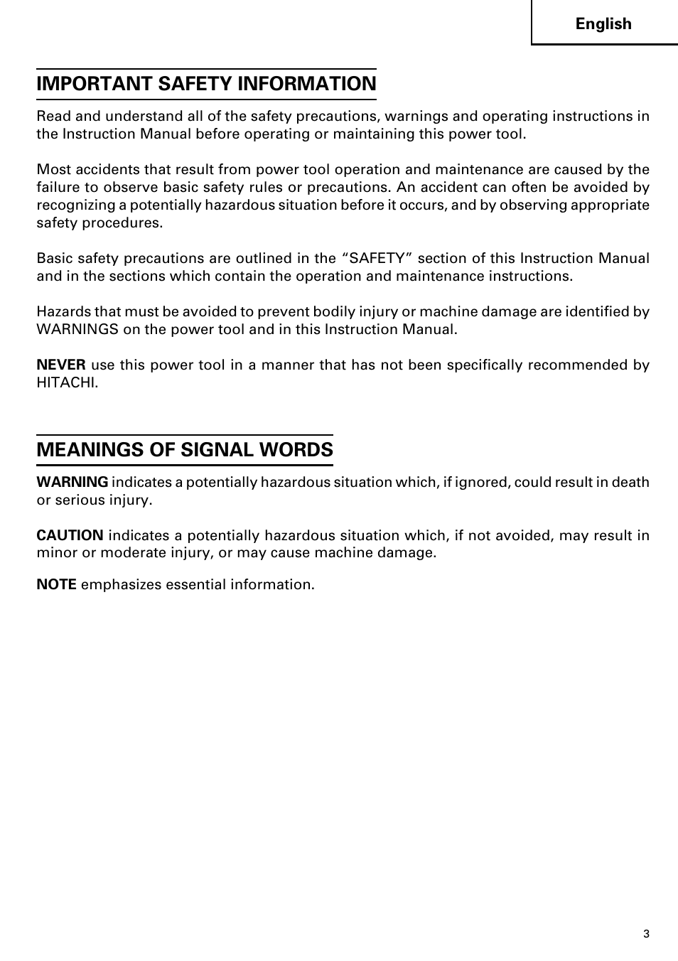Important safety information, Meanings of signal words | Hitachi Koki USA H 65SD2 User Manual | Page 3 / 48