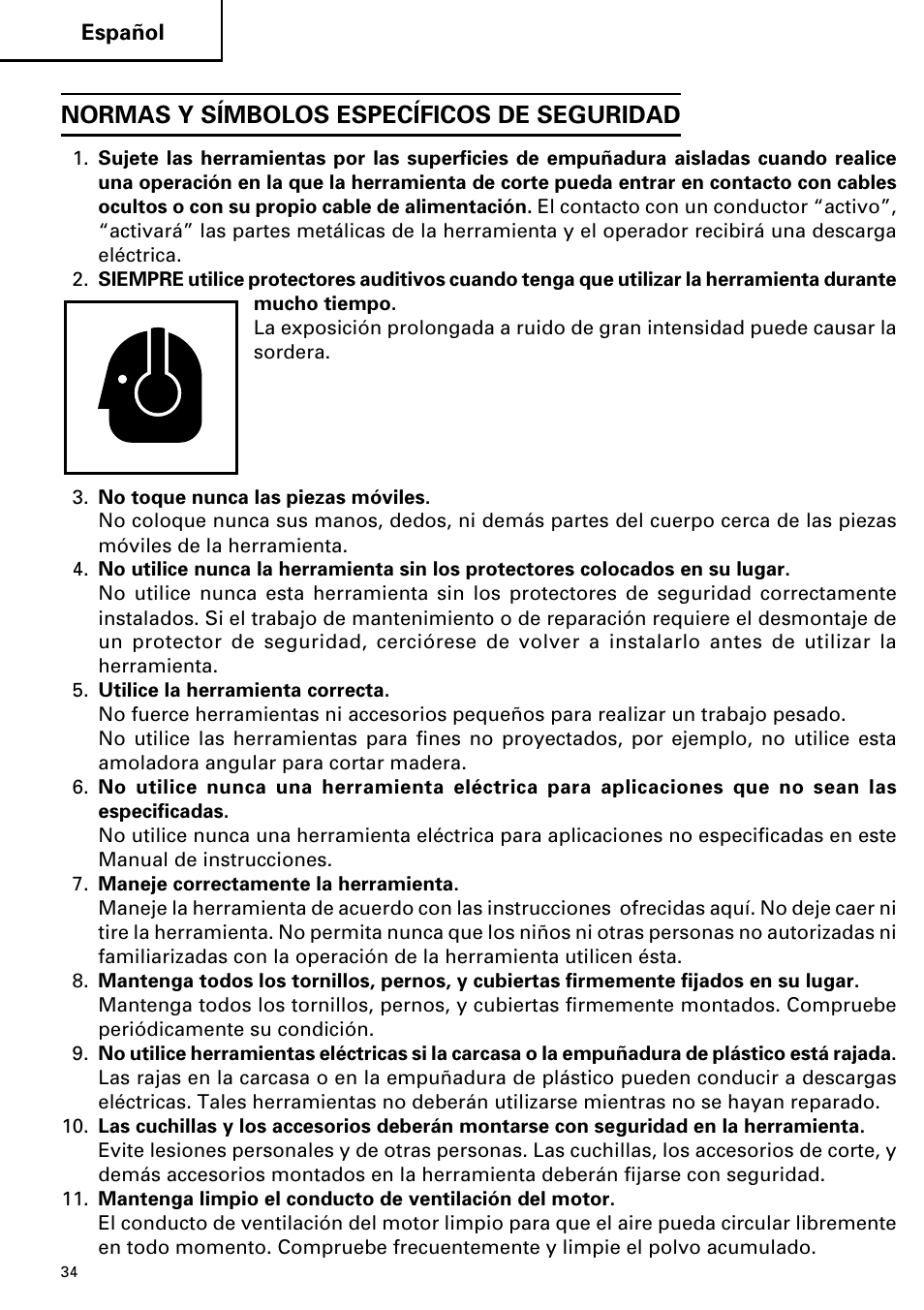 Normas y símbolos específicos de seguridad | Hitachi Koki USA H 65SD2 User Manual | Page 34 / 48