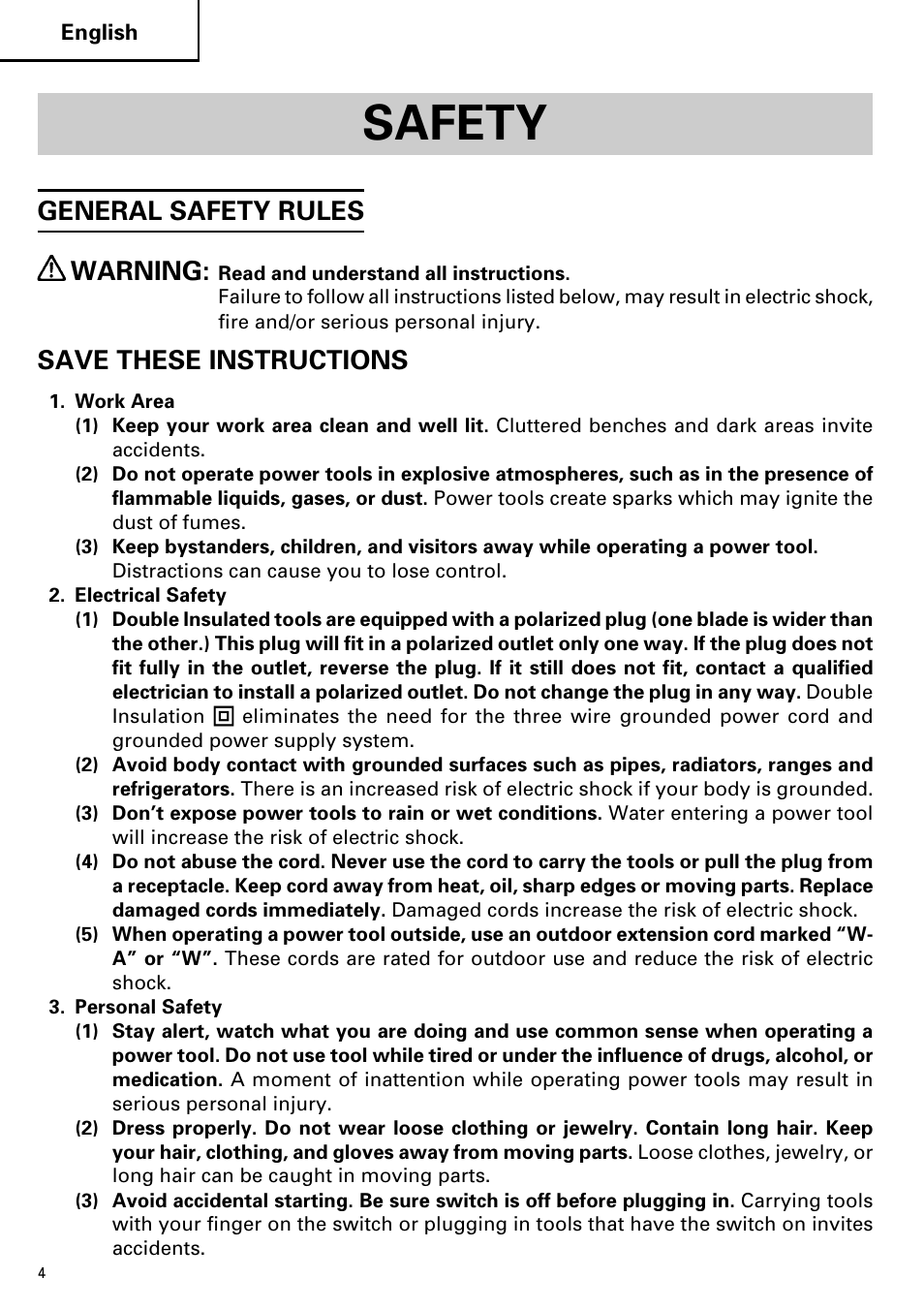Safety, General safety rules warning, Save these instructions | Hitachi Koki USA H 65SD2 User Manual | Page 4 / 48