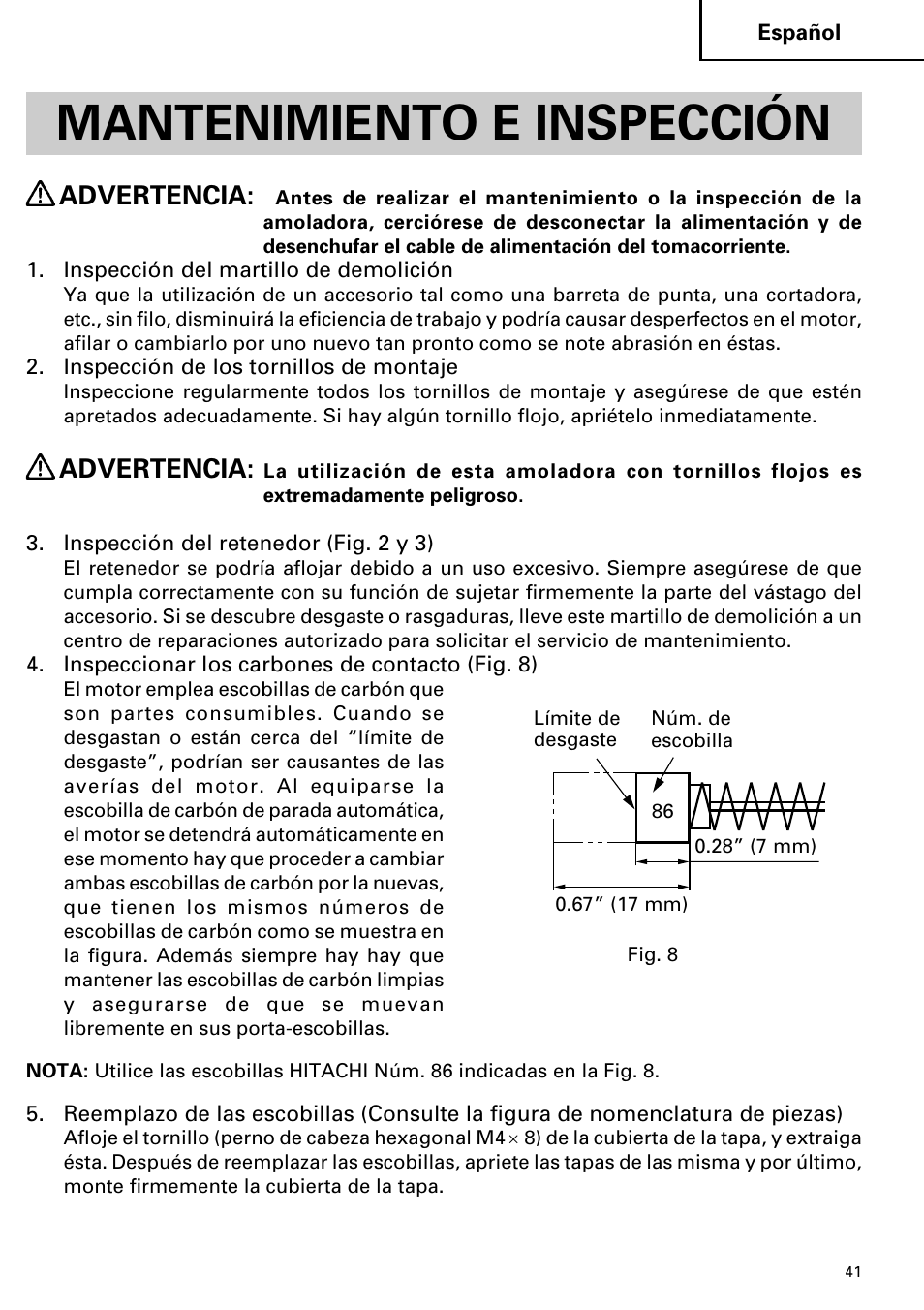 Mantenimiento e inspección, Advertencia | Hitachi Koki USA H 65SD2 User Manual | Page 41 / 48