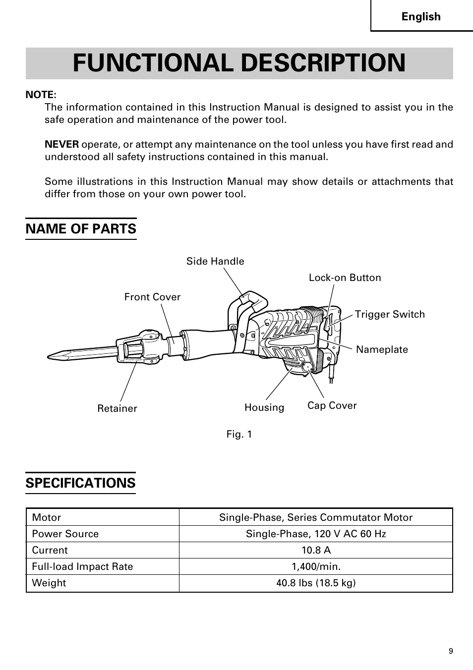 Functional description, Specifications, Name of parts | Hitachi Koki USA H 65SD2 User Manual | Page 9 / 48