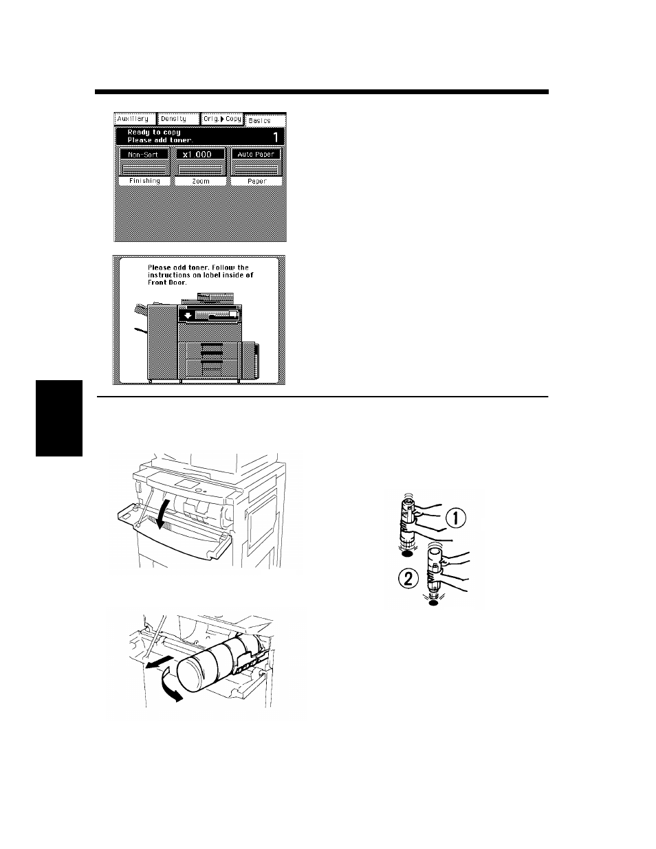 Replenish toner, When the message “replenish toner.” appears, Replacing the toner bottle | Hitachi Koki USA DDC 52N User Manual | Page 168 / 209