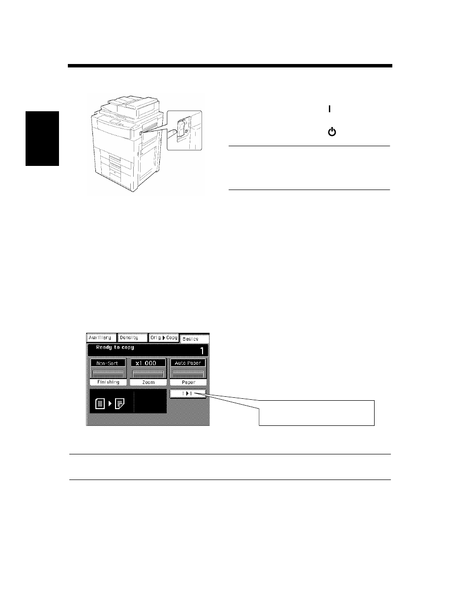 Turning on and off, Turning on and off and initial mode, Turning on and off when the copier is turned on | Initial mode | Hitachi Koki USA DDC 52N User Manual | Page 36 / 209