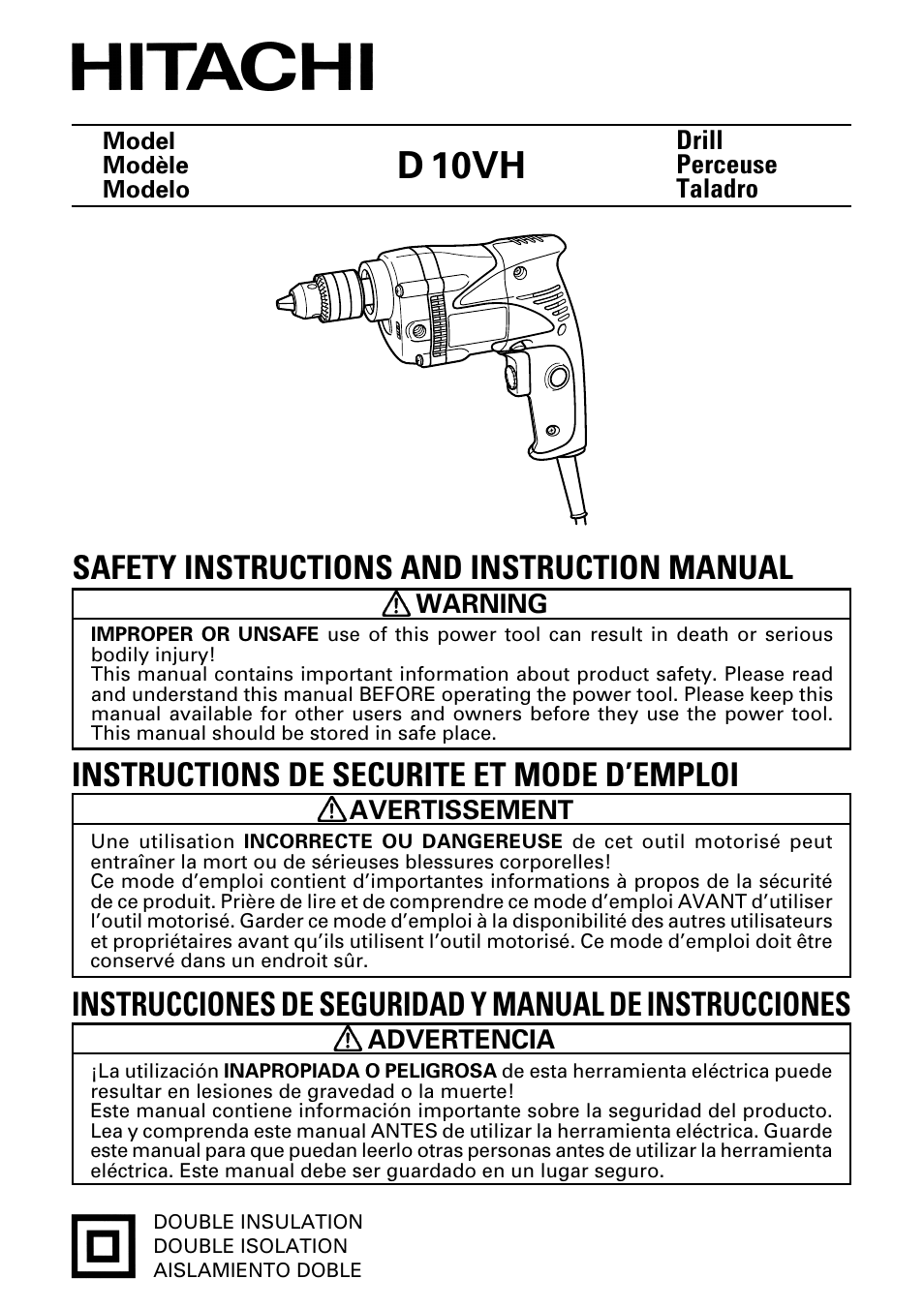 Hitachi Koki USA D 10VH Drill User Manual | 44 pages