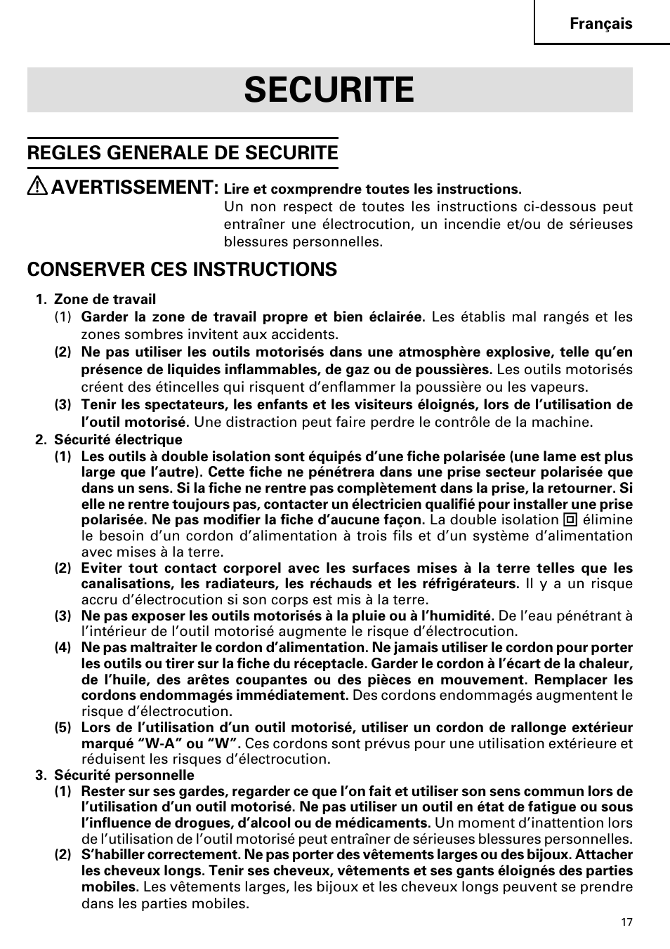 Securite, Regles generale de securite avertissement, Conserver ces instructions | Hitachi Koki USA D 10VH Drill User Manual | Page 17 / 44