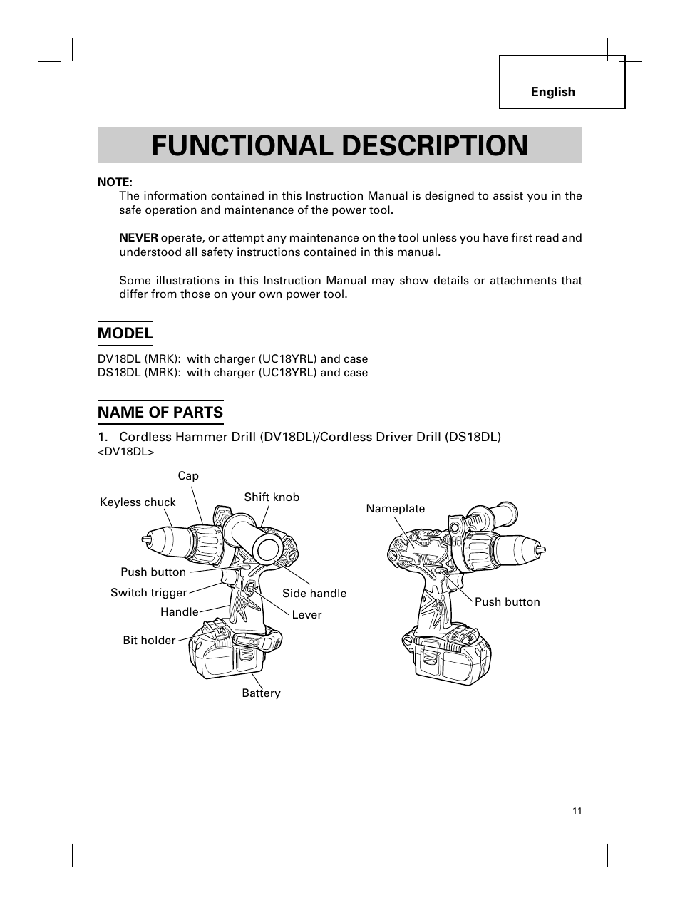 Functional description, Model, Name of parts | Hitachi Koki USA DS 18DL User Manual | Page 11 / 88