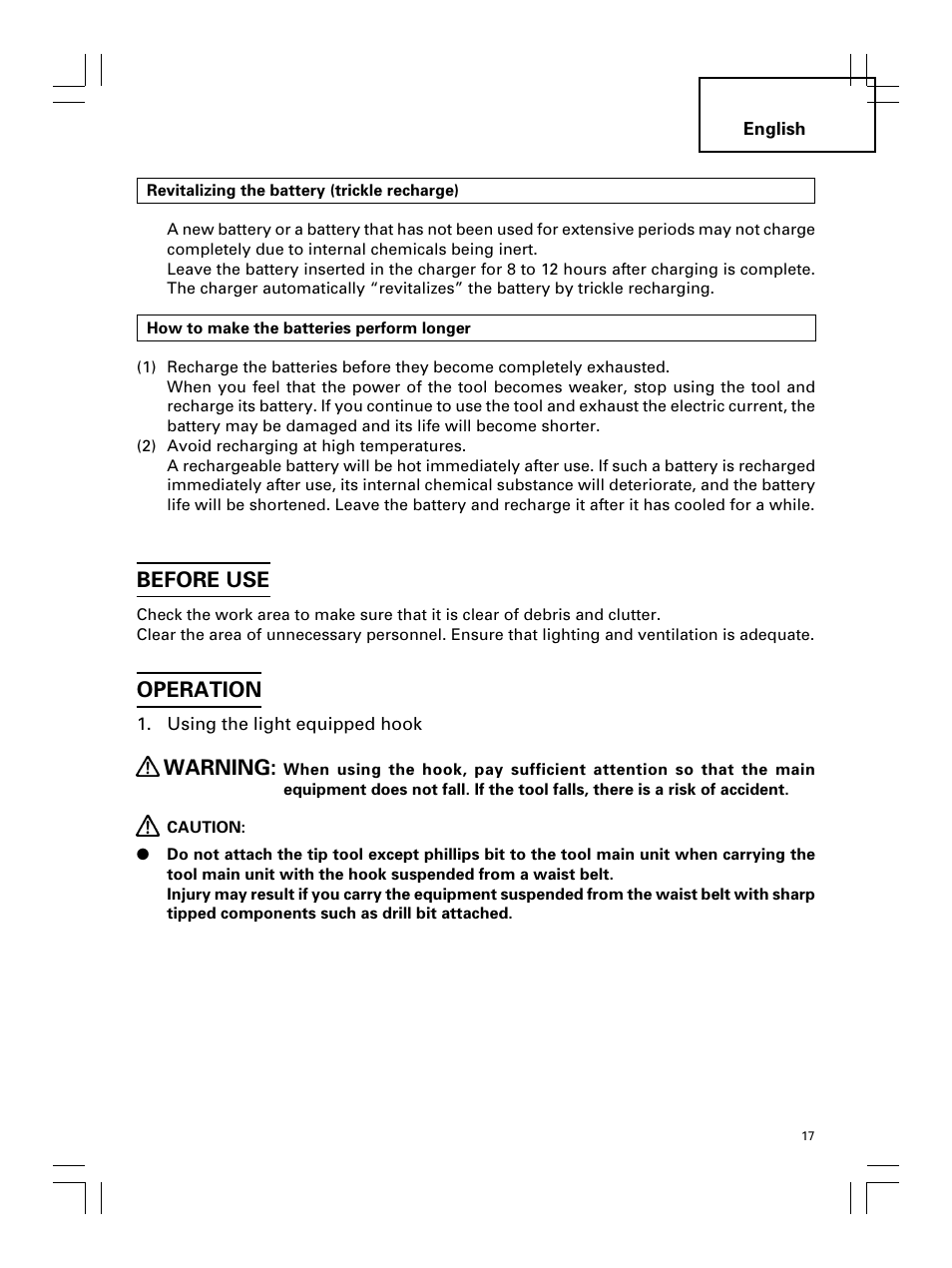 Before use, Operation, Warning | Hitachi Koki USA DS 18DL User Manual | Page 17 / 88