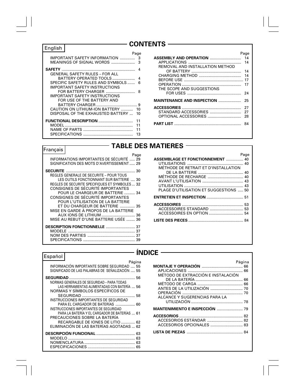 Table des matieres, Contents índice, Français | Español, English | Hitachi Koki USA DS 18DL User Manual | Page 2 / 88