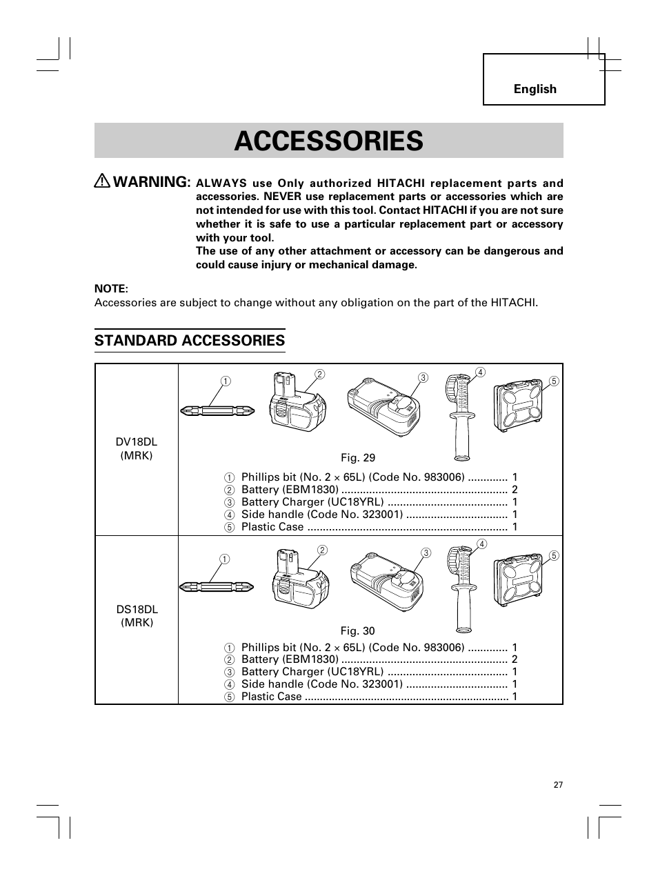 Accessories, Warning, Standard accessories | Hitachi Koki USA DS 18DL User Manual | Page 27 / 88