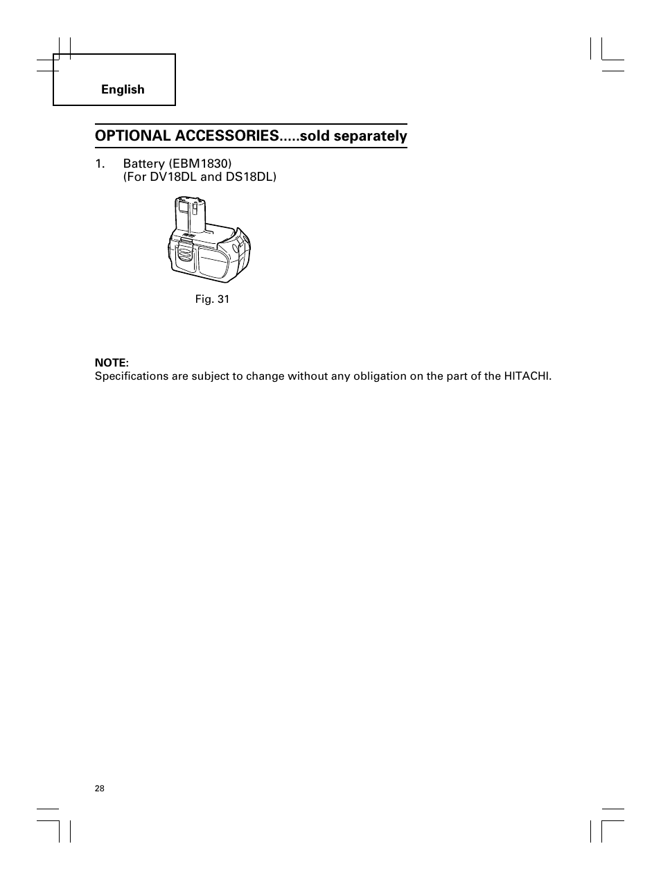 Optional accessories.....sold separately | Hitachi Koki USA DS 18DL User Manual | Page 28 / 88