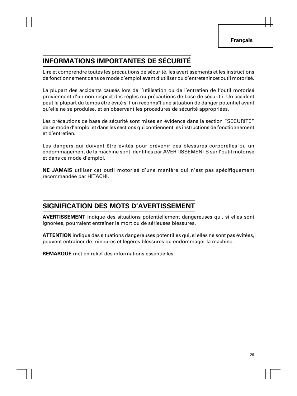 Informations importantes de sécurité, Signification des mots d’avertissement | Hitachi Koki USA DS 18DL User Manual | Page 29 / 88