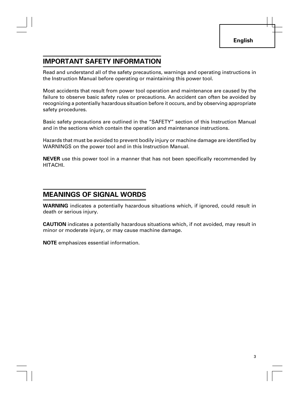 Important safety information, Meanings of signal words | Hitachi Koki USA DS 18DL User Manual | Page 3 / 88