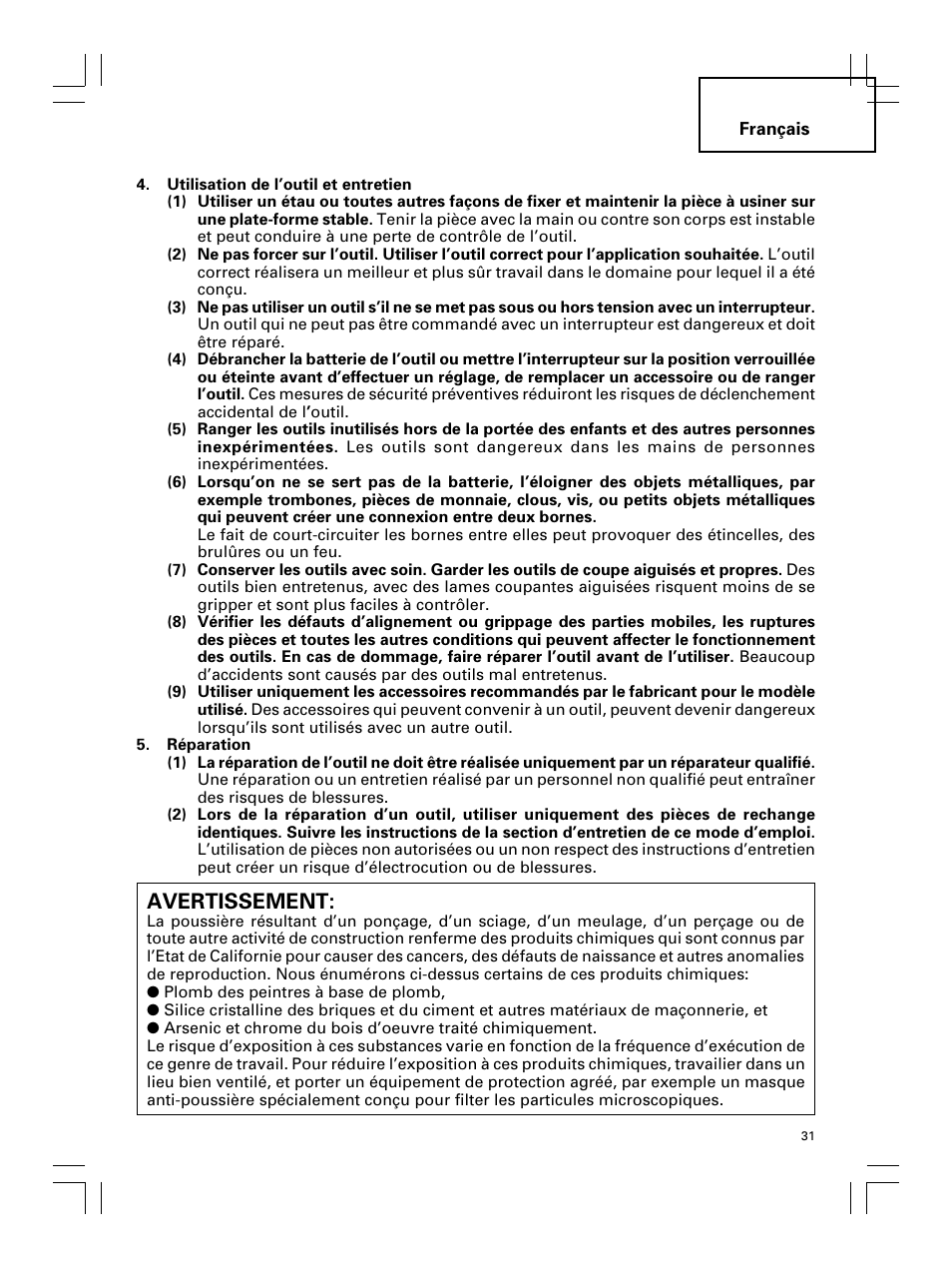 Avertissement | Hitachi Koki USA DS 18DL User Manual | Page 31 / 88