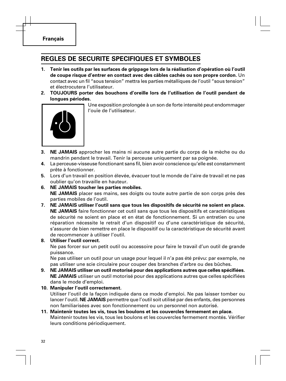 Regles de securite specifiques et symboles | Hitachi Koki USA DS 18DL User Manual | Page 32 / 88