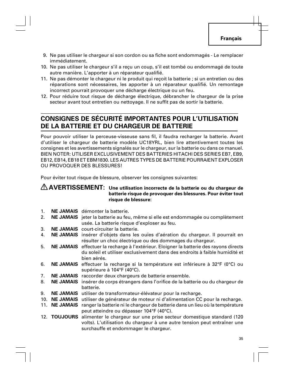 Avertissement | Hitachi Koki USA DS 18DL User Manual | Page 35 / 88