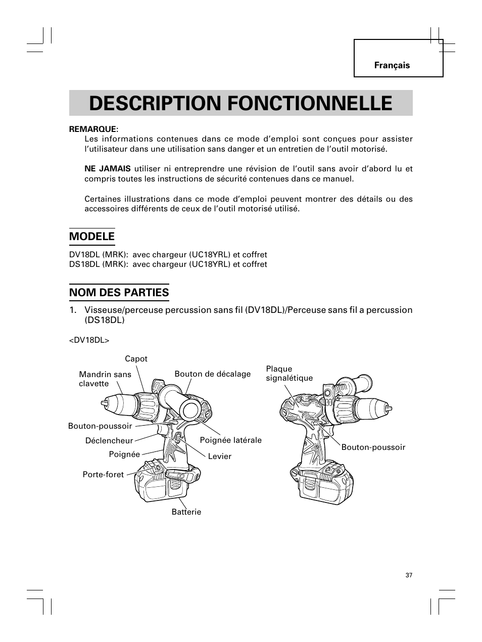 Description fonctionnelle, Modele, Nom des parties | Hitachi Koki USA DS 18DL User Manual | Page 37 / 88