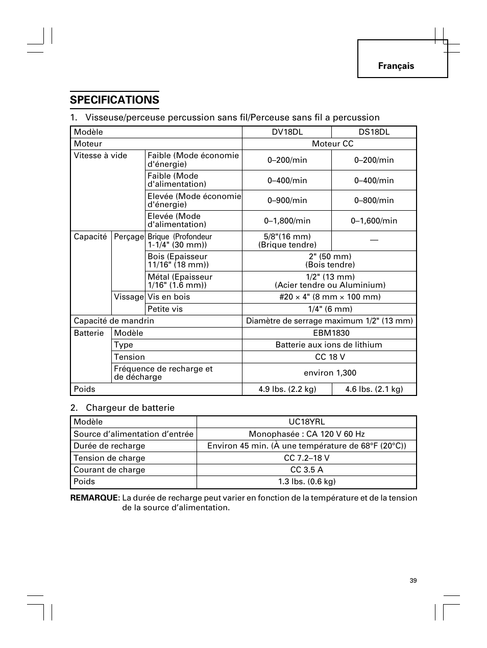 Specifications | Hitachi Koki USA DS 18DL User Manual | Page 39 / 88
