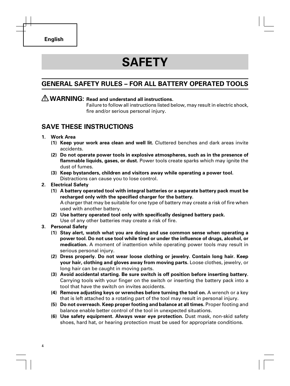 Safety, Save these instructions | Hitachi Koki USA DS 18DL User Manual | Page 4 / 88