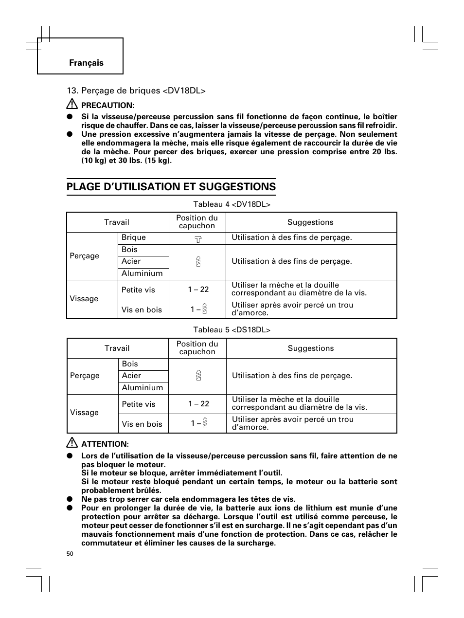 Plage d’utilisation et suggestions | Hitachi Koki USA DS 18DL User Manual | Page 50 / 88
