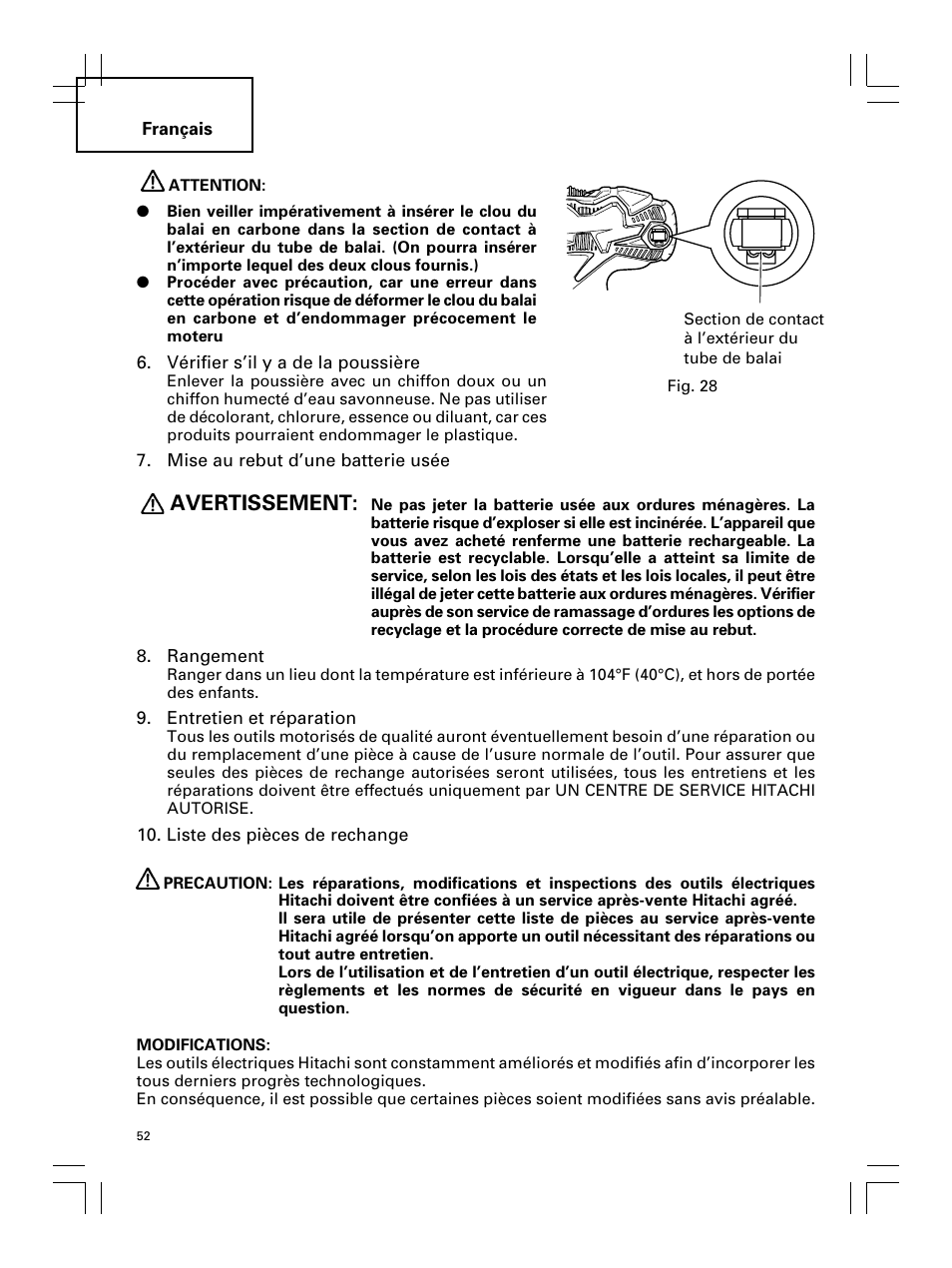Avertissement | Hitachi Koki USA DS 18DL User Manual | Page 52 / 88